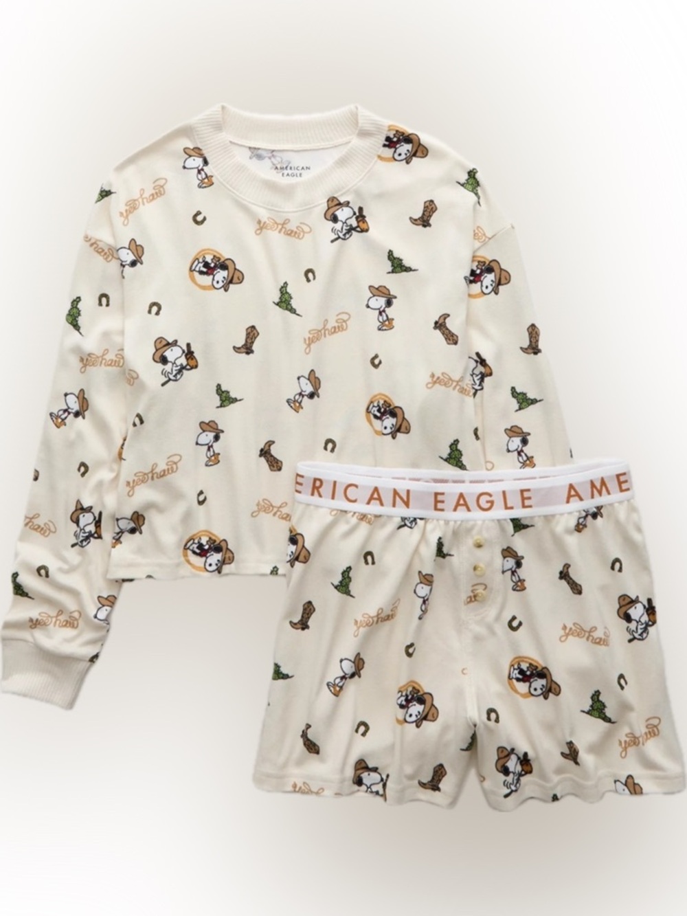 AE Snoopy Western Pajama Set Plush Cream Peanuts 2pc PJ Shorts Small